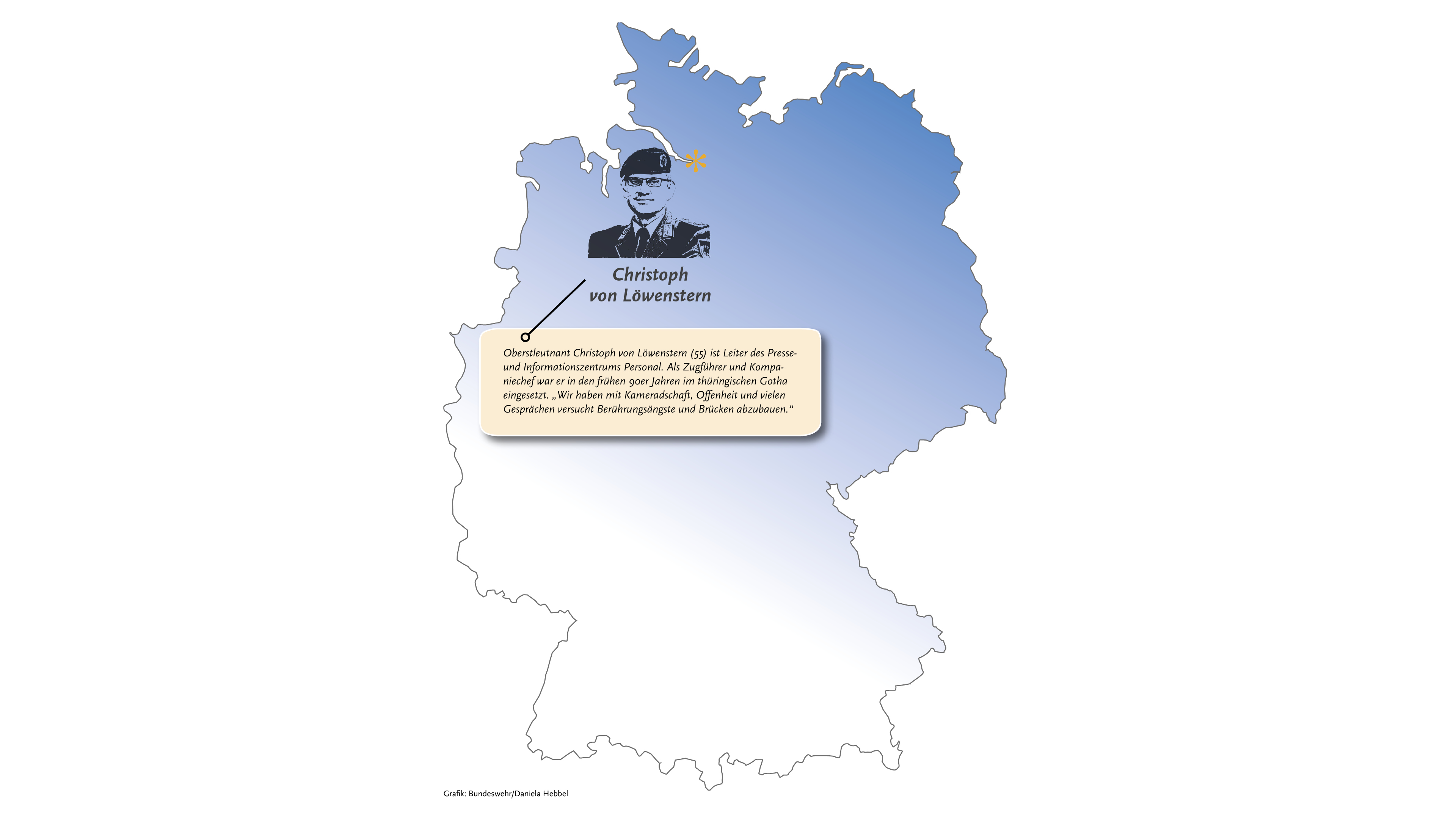 Die Deutschlandkarte mit dem markierten Geburtsort und dem Bild von Oberstleutnant Christoph von Löwenstern