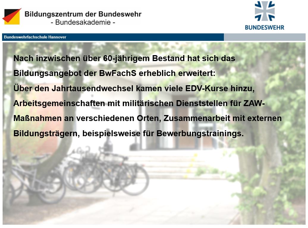 Text zur Historie der Bundeswehrfachschule Hannover.