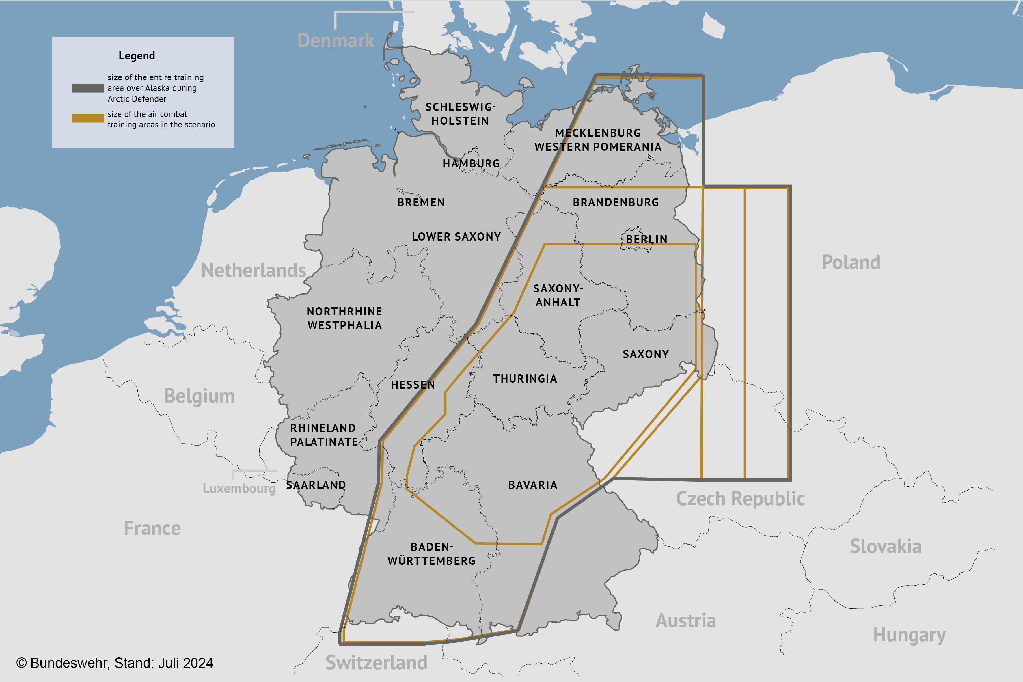 A graphic of the exercise airspace over a map of Germany.