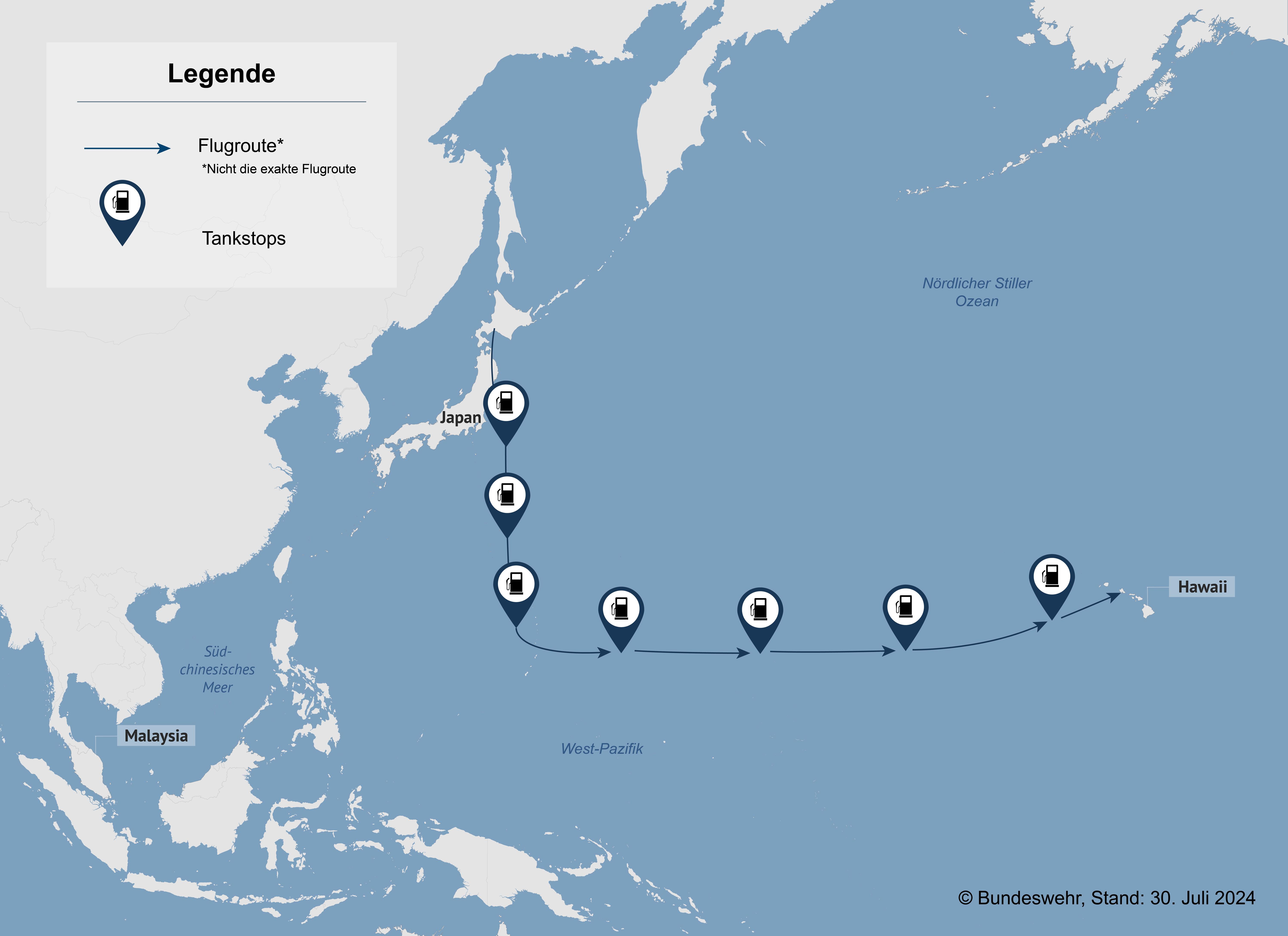 Auf der Grafik ist die Flugroute von Japan nach Hawaii zusehen.