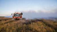 Eine Löschraupe fährt durch ein Moor, vom Heck aus löschen zwei Feuerwehrleute.