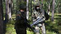 Zwei Soldaten im Feldanzug patrouilieren im Wald.