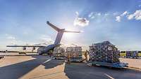 Ein A400M wird mit Paletten voller Hilfsgüter verladen. Flugziel war St. Maarten.