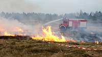 Ein Feuerlöschfahrzeug Waldbrandbekämpfung löscht mit seinem Dachwerfer lodernde Flammen auf dem Truppenübungsplatz Klietz. 