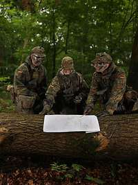 Drei Soldaten stehen vor einer Karte im Wald, die ausgebreitet auf einem umgefallenden Baumstamm liegt.
