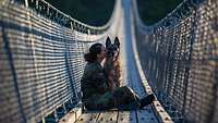 Hund und Soldatin sitzen auf einer Hängebrücke im Sonnenlicht. Das Bild ist ein Motiv im Diensthundekalender 2020.