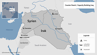 Eine Karte von Syrien, Jordanien und Irak, die das Einsatzgebiet von Counter Daesh / Capacity Building Iraq zeigt