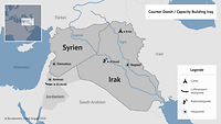 Eine Karte von Syrien, Jordanien und Irak, die das Einsatzgebiet von Counter Daesh/Capacity Building Iraq zeigt