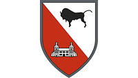 Diagonal Rot-Silber geteilt, auf Rot das Hardheimer Schloss, auf der silbernen Seite ein Büffel.