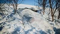 Von einem in den Schnee eingegrabenen Versteck ist nur ein weißer Hügel zu sehen. 