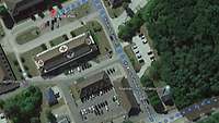 Luftaufnahme mit Hinweis auf den Standort des Info-Punkt im Standort Plön