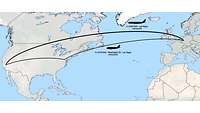 Die Flugwege der Airbus A340 von Köln nach Las Vegas und der A310 von Köln über Washington DC nach Las Vegas