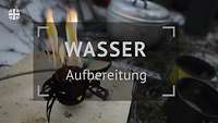 Auf einem Foto mit einem Feuer stehen in weißer Schrift die Worte Wasser und kleiner Aufbereitung.