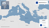 Eine Karte vom zentralen Mittelmeer, die das Einsatzgebiet der Bundeswehr bei Irini zeigt