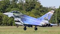 Eurofighter startet mit Wald Wald im Hintergrund.