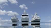 3D-Grafik dreier grauer Kriegsschiffe von vorne in See.
