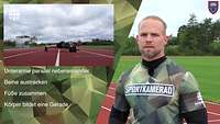 Foto im Foto: Ein Soldat macht Liegestütz, ein Soldat mit der T-Shirt-Aufschrift Sportkamerad schaut in die Kamera.