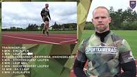 Foto im Foto: Ein Soldat springt, ein Soldat mit der T-Shirt-Aufschrift Sportkamerad schaut in die Kamera.