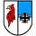 Links auf silbernem Grund ein roter Greifenkopf, rechts auf blau-silbernem Grund das Eiserne Kreuz