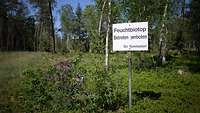 Schild mit Aufschrift Feuchtbiotop im Wald