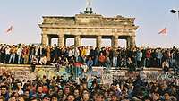 Viele Menschen auf und vor der Mauer