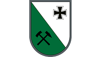 Auf diagonal Grün und Weiß Hammer und Schlegel für den Bergbau der Region und das Eiserne Kreuz