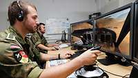 Soldiers in front of computers.