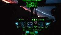 Blick auf das grün leuchtende Armaturenbrett eines Hubschraubers in der Dämmerung