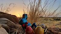 Ein Osterhase und vier Ostereier im Gras im Hintergrund geht die Sonne auf