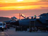 Eurofighters and Tornados are lined up at Laage and prepared by the technicians.