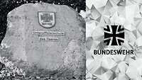 In Schwarz-Weiß: Collage aus einem Foto, darauf ein Feldstein, und einem Bundeswehr-Polygon 
