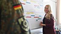 A blonde woman in a red pantsuit standing in front of a whiteboard