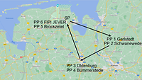 Eine grafische Darstellung einer Marschroute von Schortens über den Norden Bremens zurück nach Schortens.
