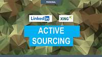 Polygontarn im Hintergrund mit der Aufschrift Active#en Sourcing und den Logos von den Karrierenetzwerken LinkedIn und Xing.