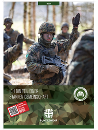 Plakat mit einem Soldaten im Wald, der einen Arm hebt. Darunter steht "Ich bin Teil einer starken Gemeinschaft".