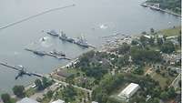 Aerial photograph of a naval harbour.