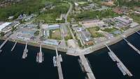 Aerial photograph of a naval harbour.