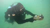 A diver under water using a compass for orientation.
