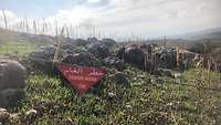 Vor einem Minenfeld hängt ein Warnschild mit der Aufschrift „Danger Mines“