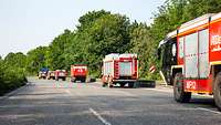 Eine Kolonne von Fahrzeugen der Bundeswehr-Feuerwehr auf einer Autobahn