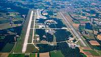 Aerial view of an air base with two runways