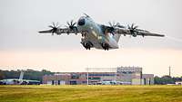 An Airbus A400M transport aircraft takes off from Air Base