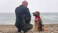 Ein Soldat und ein Hund hocken an einem Strandabschnitt, während es regnet.