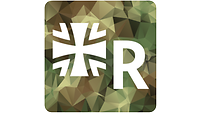 Ein App Icon mit Polygonem Hintergund, einem weissem Bundeswehr Kreuz und einem großen weissen R.