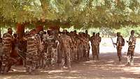 Eine Gruppe malischer Soldaten sammelt sich um einen Soldaten mit einer eingerollten Karte in der Hand