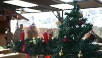 Ein geschmückter Weihnachtsbaum steht im Vordergrund, dahinter stehen an einer Holzhütte Soldaten 