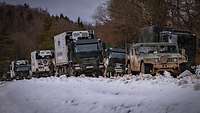 Zahlreiche Lkw mit Material und Containern stehen auf einer winterlichen Straße.