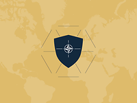 Eine Grafik zeigt ein Schutzschild mit dem NATO-Logo. Ringsum gehen Linien ab. Im Hintergrund liegt eine Weltkarte.