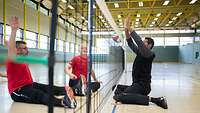 Drei Männer spielen in einer Turnhalle Sitzvolleyball.