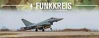 Podcast-Logo "Funkkreis" und Text "Schutzflüge", dahinter Polygonmuster und ein Eurofighter beim Start